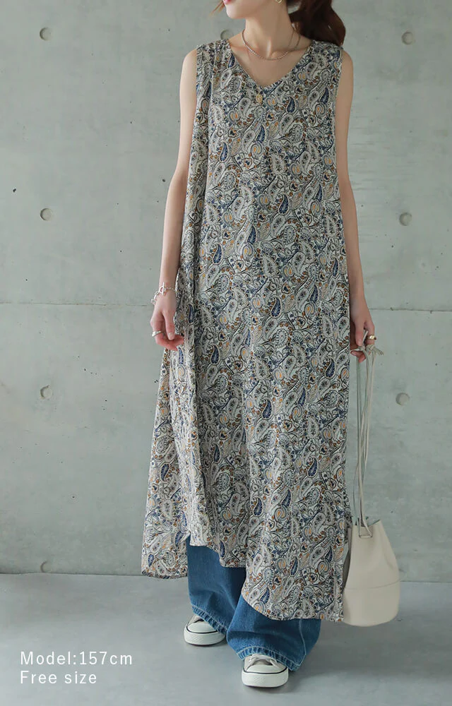 【夏セール】 「アシメ×ペイズリー柄 ワンピース ■一部7月上旬入荷 ロングワンピース レディース ワンピ ロングワンピ マキシ マキシワンピース タンク タンクトップ ノースリーブ ペイズリー 柄 体型カバー 大きいサイズ 春 夏 HUG.U メール便 - Image 12