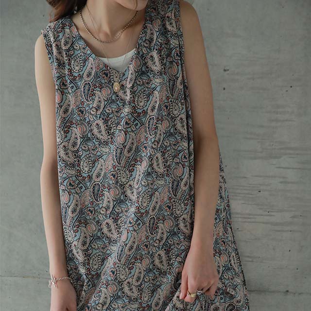 【夏セール】 「アシメ×ペイズリー柄 ワンピース ■一部7月上旬入荷 ロングワンピース レディース ワンピ ロングワンピ マキシ マキシワンピース タンク タンクトップ ノースリーブ ペイズリー 柄 体型カバー 大きいサイズ 春 夏 HUG.U メール便 - Image 13