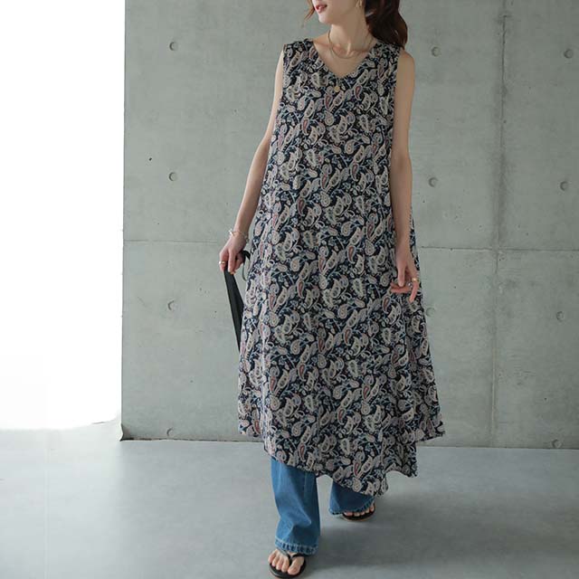 【夏セール】 「アシメ×ペイズリー柄 ワンピース ■一部7月上旬入荷 ロングワンピース レディース ワンピ ロングワンピ マキシ マキシワンピース タンク タンクトップ ノースリーブ ペイズリー 柄 体型カバー 大きいサイズ 春 夏 HUG.U メール便 - Image 14