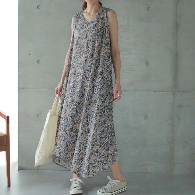 【夏セール】 「アシメ×ペイズリー柄 ワンピース ■一部7月上旬入荷 ロングワンピース レディース ワンピ ロングワンピ マキシ マキシワンピース タンク タンクトップ ノースリーブ ペイズリー 柄 体型カバー 大きいサイズ 春 夏 HUG.U メール便 - Image 19