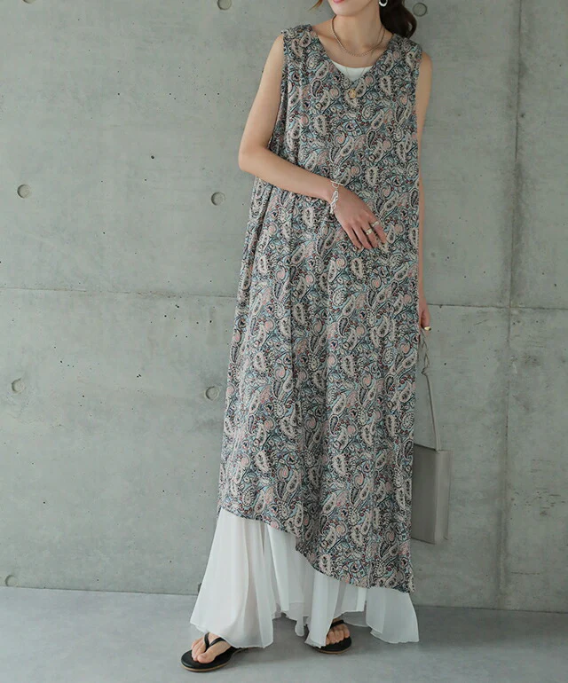 【夏セール】 「アシメ×ペイズリー柄 ワンピース ■一部7月上旬入荷 ロングワンピース レディース ワンピ ロングワンピ マキシ マキシワンピース タンク タンクトップ ノースリーブ ペイズリー 柄 体型カバー 大きいサイズ 春 夏 HUG.U メール便 - Image 24
