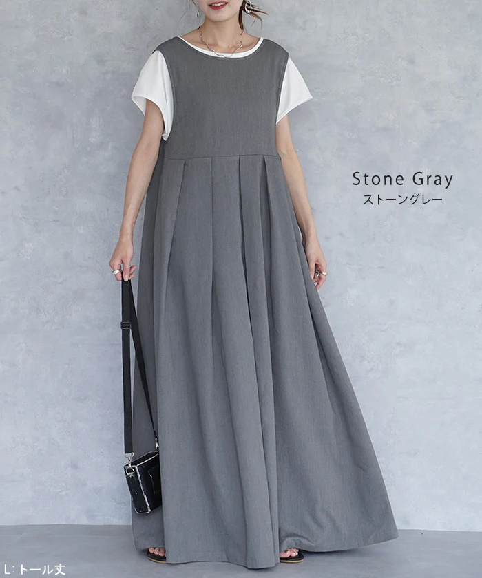 前後 2way ・ 選べる2丈 ワンピース ■一部7月中旬入荷 ロングワンピース レディース ワンピ ロングワンピ マキシ マキシワンピース タック フレア ノースリーブ ジャンパースカート Vネック 丸首 体型カバー 大きいサイズ きれいめ 黒 グレー 春 夏 HUG.U - Image 12