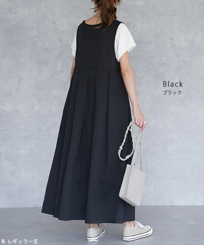 前後 2way ・ 選べる2丈 ワンピース ■一部7月中旬入荷 ロングワンピース レディース ワンピ ロングワンピ マキシ マキシワンピース タック フレア ノースリーブ ジャンパースカート Vネック 丸首 体型カバー 大きいサイズ きれいめ 黒 グレー 春 夏 HUG.U - Image 14