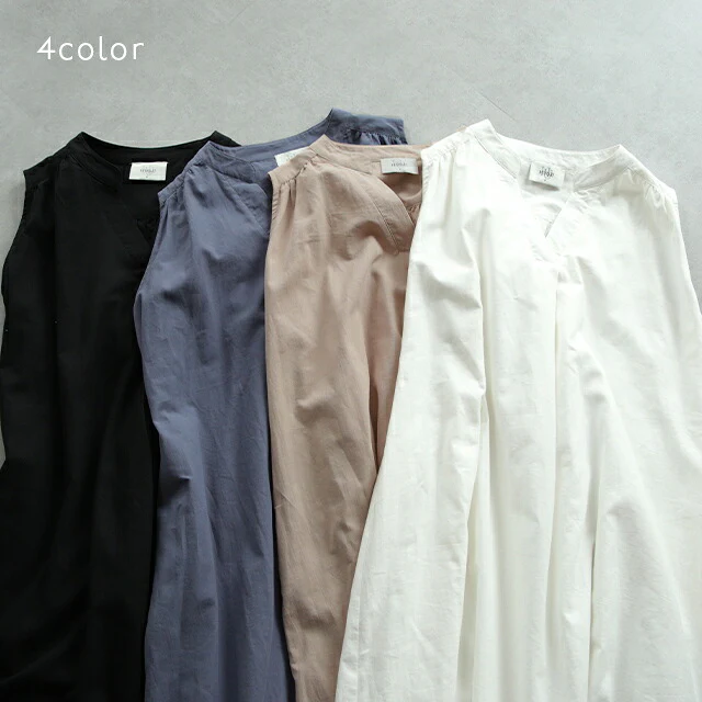 ゆったり 包む 綿100 ロングワンピース ワンピース レディース ワンピ マキシ ロング ロングワンピ タンクトップ ノースリーブ タック コットン バンドカラー Vネック Aライン 体型カバー 大きいサイズ きれいめ 白 黒 リネン 麻 春 夏 HUG.U - Image 10