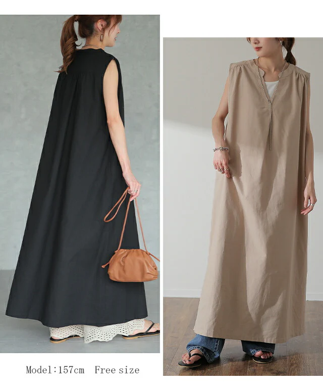 ゆったり 包む 綿100 ロングワンピース ワンピース レディース ワンピ マキシ ロング ロングワンピ タンクトップ ノースリーブ タック コットン バンドカラー Vネック Aライン 体型カバー 大きいサイズ きれいめ 白 黒 リネン 麻 春 夏 HUG.U - Image 13