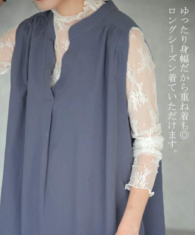 ゆったり 包む 綿100 ロングワンピース ワンピース レディース ワンピ マキシ ロング ロングワンピ タンクトップ ノースリーブ タック コットン バンドカラー Vネック Aライン 体型カバー 大きいサイズ きれいめ 白 黒 リネン 麻 春 夏 HUG.U - Image 21