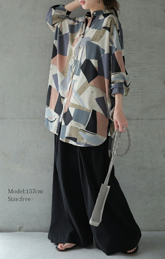 とろみユル。アート柄×シアーシャツ シャツ シアーシャツ レディース トップス ロング ブラウス チュニック バンドカラー 体型カバー レイヤード オーバーサイズ 総柄 柄 長袖 羽織 大きいサイズ 春 夏 HUG.U メール便 - Image 11