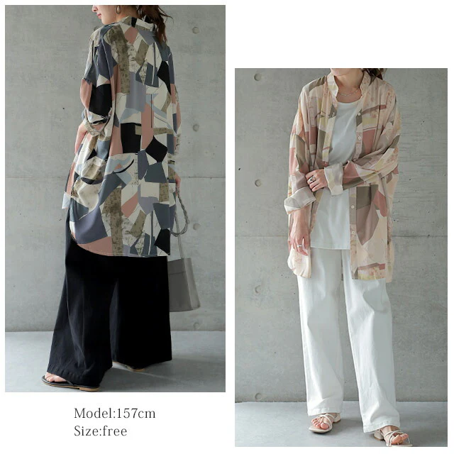 とろみユル。アート柄×シアーシャツ シャツ シアーシャツ レディース トップス ロング ブラウス チュニック バンドカラー 体型カバー レイヤード オーバーサイズ 総柄 柄 長袖 羽織 大きいサイズ 春 夏 HUG.U メール便 - Image 21
