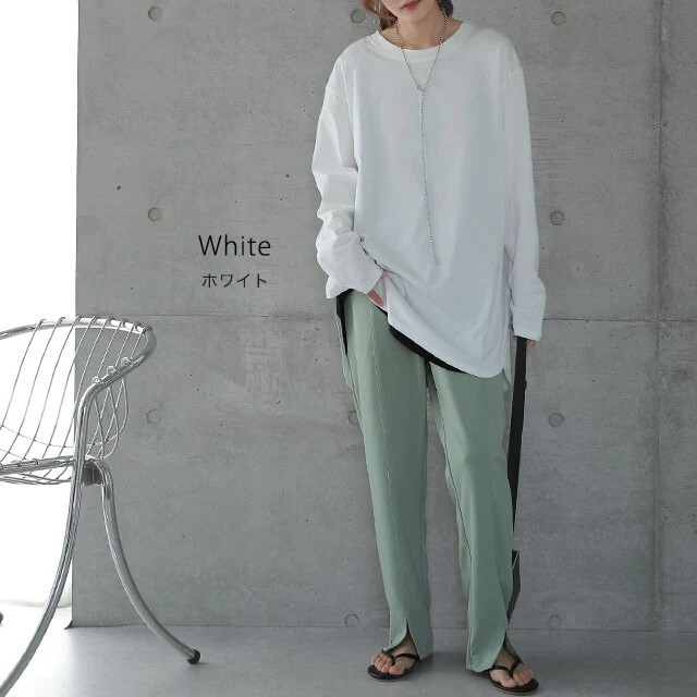 「お尻が隠れる・長め丈」ルーズなロンT トップス カットソー ロンT 長袖 Tシャツ ロング チュニック レイヤード ラウンドカットソー Uネック 無地 クルーネック スリット 体型カバー 大きいサイズ 黒 白 春 夏 HUG.U メール便 - Image 10