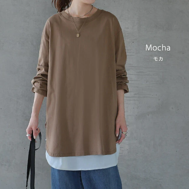 「お尻が隠れる・長め丈」ルーズなロンT トップス カットソー ロンT 長袖 Tシャツ ロング チュニック レイヤード ラウンドカットソー Uネック 無地 クルーネック スリット 体型カバー 大きいサイズ 黒 白 春 夏 HUG.U メール便 - Image 11