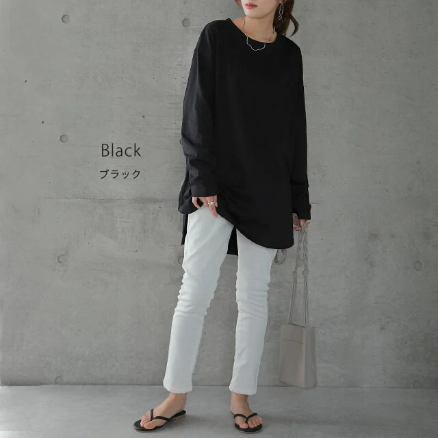 「お尻が隠れる・長め丈」ルーズなロンT トップス カットソー ロンT 長袖 Tシャツ ロング チュニック レイヤード ラウンドカットソー Uネック 無地 クルーネック スリット 体型カバー 大きいサイズ 黒 白 春 夏 HUG.U メール便 - Image 12
