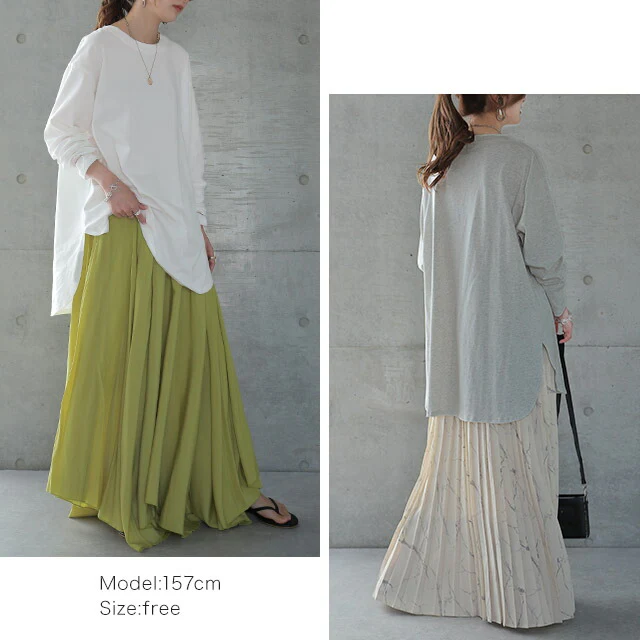 「お尻が隠れる・長め丈」ルーズなロンT トップス カットソー ロンT 長袖 Tシャツ ロング チュニック レイヤード ラウンドカットソー Uネック 無地 クルーネック スリット 体型カバー 大きいサイズ 黒 白 春 夏 HUG.U メール便 - Image 20