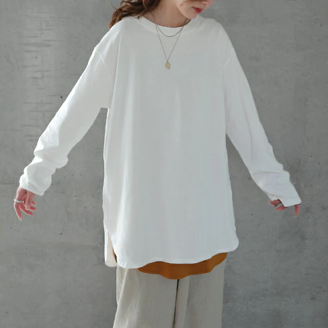 「お尻が隠れる・長め丈」ルーズなロンT トップス カットソー ロンT 長袖 Tシャツ ロング チュニック レイヤード ラウンドカットソー Uネック 無地 クルーネック スリット 体型カバー 大きいサイズ 黒 白 春 夏 HUG.U メール便 - Image 22