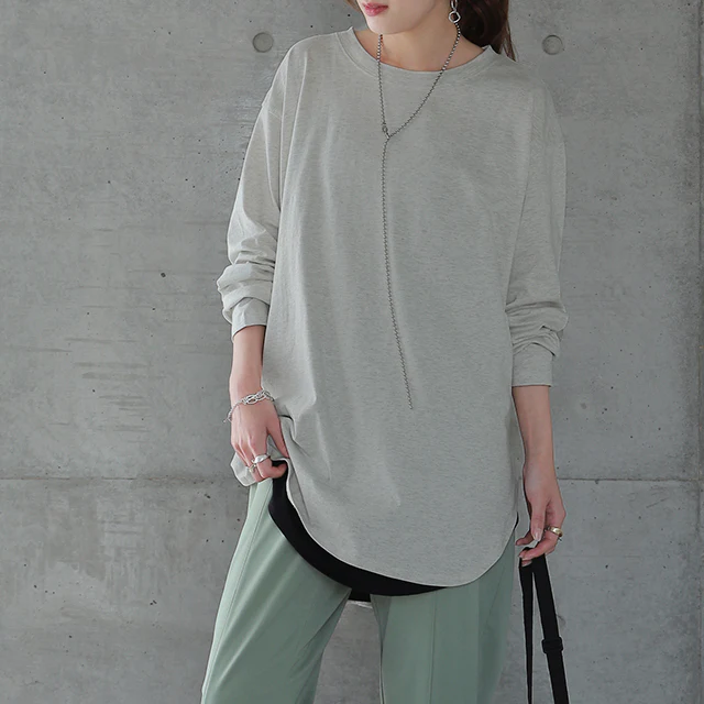 「お尻が隠れる・長め丈」ルーズなロンT トップス カットソー ロンT 長袖 Tシャツ ロング チュニック レイヤード ラウンドカットソー Uネック 無地 クルーネック スリット 体型カバー 大きいサイズ 黒 白 春 夏 HUG.U メール便 - Image 26