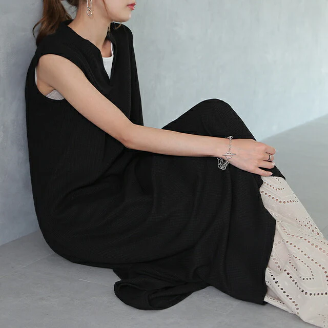 【夏セール】 極上 やわらか ワッフル キーネック ロングワンピース ワンピース レディース ワンピ マキシ ロング ロングワンピ タンクトップ ノースリーブ ワンピ サーマル Vネック Aライン 体型カバー 大きいサイズ マキシワンピース 白 黒 春 夏 HUG.U - Image 6