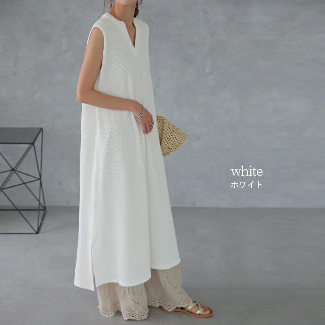 【夏セール】 極上 やわらか ワッフル キーネック ロングワンピース ワンピース レディース ワンピ マキシ ロング ロングワンピ タンクトップ ノースリーブ ワンピ サーマル Vネック Aライン 体型カバー 大きいサイズ マキシワンピース 白 黒 春 夏 HUG.U - Image 8