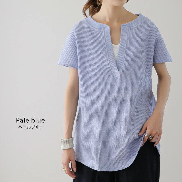 深め「キーネック」 ワッフルT ゆったり トップス カットソー レディース フレンチスリーブ Tシャツ ティーシャツ ワッフル サーマル Vネック 半袖 レイヤード ノースリーブ 大きいサイズ 体型カバー 黒 白 ブルー カットソー 春 夏 HUG.U メール便 - Image 12