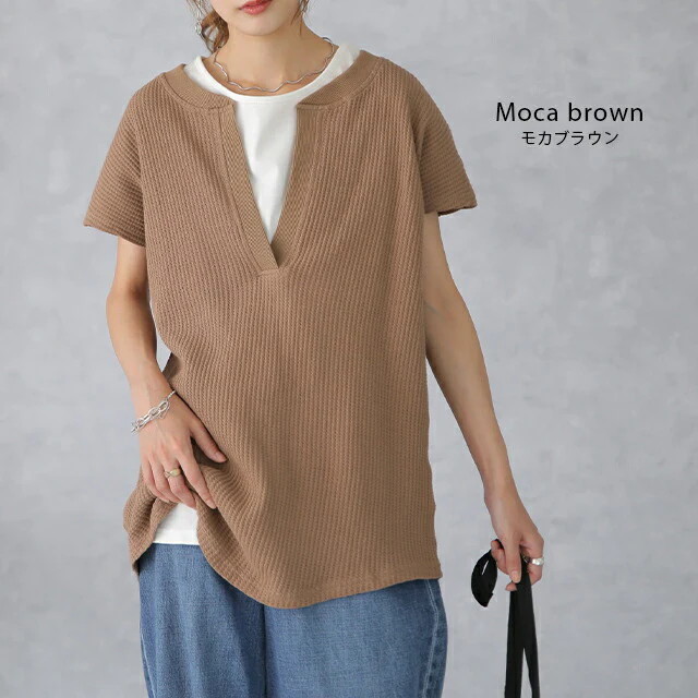 深め「キーネック」 ワッフルT ゆったり トップス カットソー レディース フレンチスリーブ Tシャツ ティーシャツ ワッフル サーマル Vネック 半袖 レイヤード ノースリーブ 大きいサイズ 体型カバー 黒 白 ブルー カットソー 春 夏 HUG.U メール便 - Image 13