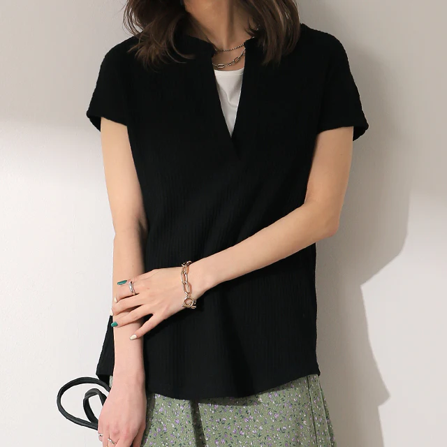 深め「キーネック」 ワッフルT ゆったり トップス カットソー レディース フレンチスリーブ Tシャツ ティーシャツ ワッフル サーマル Vネック 半袖 レイヤード ノースリーブ 大きいサイズ 体型カバー 黒 白 ブルー カットソー 春 夏 HUG.U メール便 - Image 27