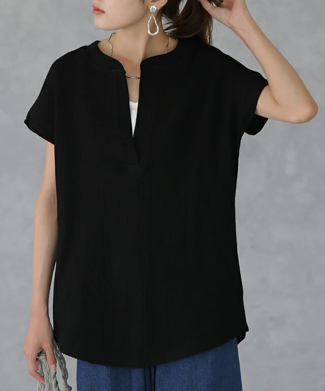 深め「キーネック」 ワッフルT ゆったり トップス カットソー レディース フレンチスリーブ Tシャツ ティーシャツ ワッフル サーマル Vネック 半袖 レイヤード ノースリーブ 大きいサイズ 体型カバー 黒 白 ブルー カットソー 春 夏 HUG.U メール便 - Image 5