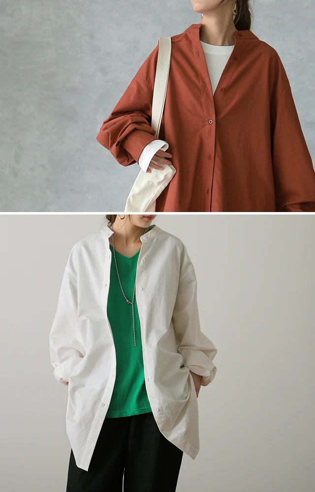 ガシっと太番手「シャツ」 バンドカラー ナチュラル ノーカラー ロング ロングシャツ ブラウス チュニック オーバーサイズ 綿 コットン 100% 長袖 体型カバー 大きいサイズ きれいめ お尻が隠れる レディース 厚手 白 無地 春 夏 HUG.U メール便 - Image 25