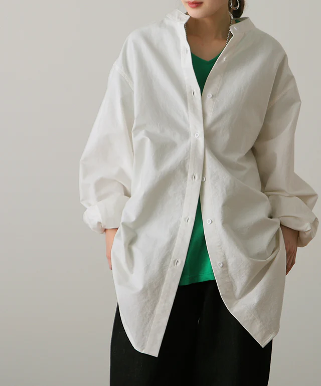 ガシっと太番手「シャツ」 バンドカラー ナチュラル ノーカラー ロング ロングシャツ ブラウス チュニック オーバーサイズ 綿 コットン 100% 長袖 体型カバー 大きいサイズ きれいめ お尻が隠れる レディース 厚手 白 無地 春 夏 HUG.U メール便 - Image 30