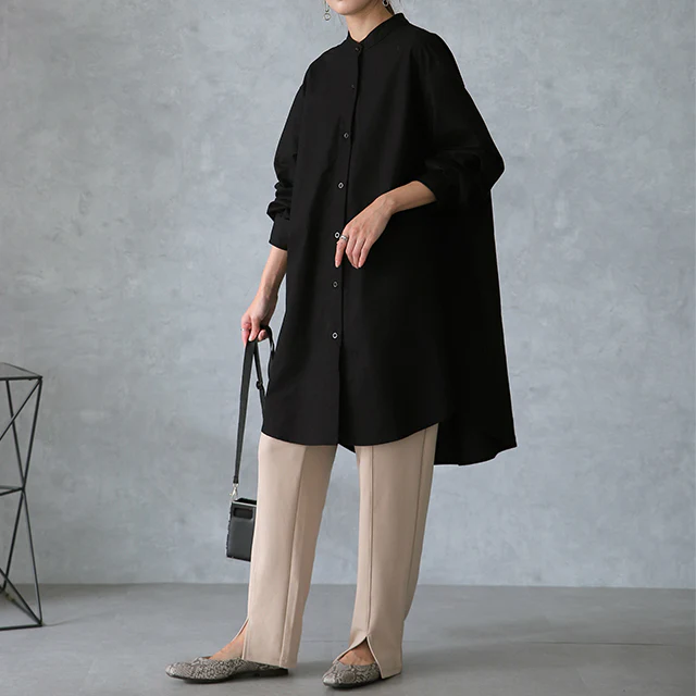 ガシっと太番手「シャツ」 バンドカラー ナチュラル ノーカラー ロング ロングシャツ ブラウス チュニック オーバーサイズ 綿 コットン 100% 長袖 体型カバー 大きいサイズ きれいめ お尻が隠れる レディース 厚手 白 無地 春 夏 HUG.U メール便 - Image 38