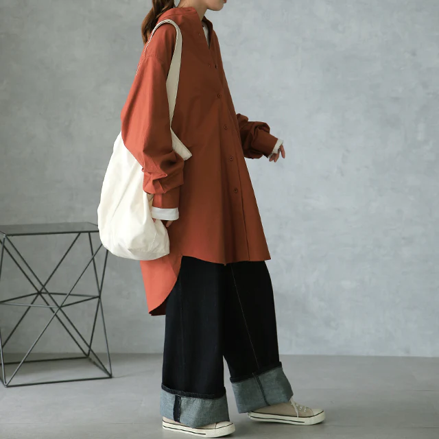 ガシっと太番手「シャツ」 バンドカラー ナチュラル ノーカラー ロング ロングシャツ ブラウス チュニック オーバーサイズ 綿 コットン 100% 長袖 体型カバー 大きいサイズ きれいめ お尻が隠れる レディース 厚手 白 無地 春 夏 HUG.U メール便 - Image 39