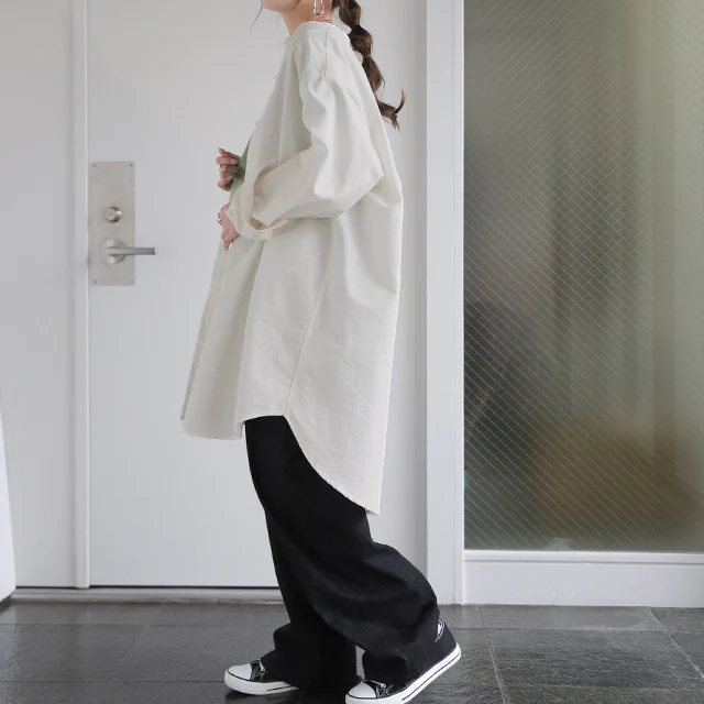 ガシっと太番手「シャツ」 バンドカラー ナチュラル ノーカラー ロング ロングシャツ ブラウス チュニック オーバーサイズ 綿 コットン 100% 長袖 体型カバー 大きいサイズ きれいめ お尻が隠れる レディース 厚手 白 無地 春 夏 HUG.U メール便 - Image 41