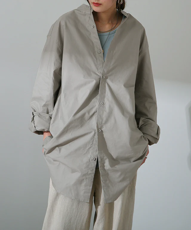 ガシっと太番手「シャツ」 バンドカラー ナチュラル ノーカラー ロング ロングシャツ ブラウス チュニック オーバーサイズ 綿 コットン 100% 長袖 体型カバー 大きいサイズ きれいめ お尻が隠れる レディース 厚手 白 無地 春 夏 HUG.U メール便 - Image 5