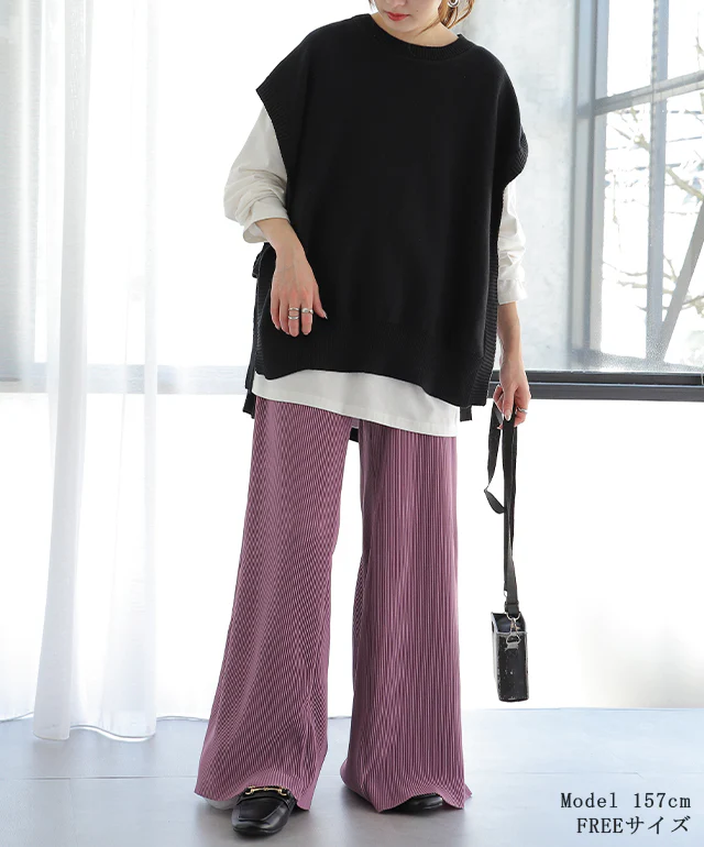 【夏セール】 切れる リブパンツ セルフカット プリーツ ■一部7月中旬入荷 ワイドパンツ レディース ボトムス パンツ リブ カットオフ フリーカット 裾 高身長 カット ゴム イージーパンツ プリーツパンツ ロング 大きいサイズ 楽 体型カバー きれいめ フレアパンツ 春 夏 HUG.U - Image 24