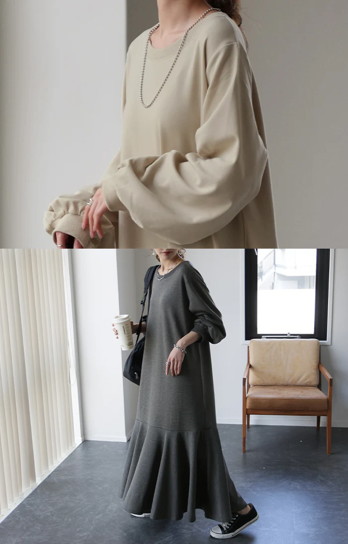 ダイエットするより早い!? 着痩せ ワンピース マーメイド ワンピ ロングワンピース レディース ロング ロングワンピ マキシ マキシワンピ Aライン 長袖 スウェト スエット トレーナー ぽわん袖 フレア 体型カバー 大きいサイズ 黒 春 夏 HUG.U - Image 25