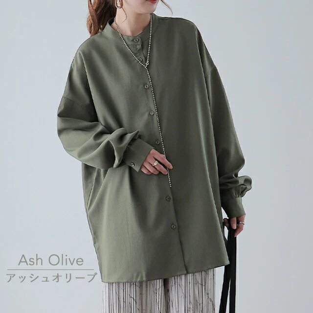 「ゆったり×ぽわん袖」 バンドカラーシャツ トップス シャツ バンドカラー ノーカラー ロング ロングシャツ ブラウス チュニック オーバーサイズ バルーン 長袖 体型カバー 大きいサイズ 黒 グレー ブラウン カーキ 無地 春 夏 HUG.U メール便 - Image 10