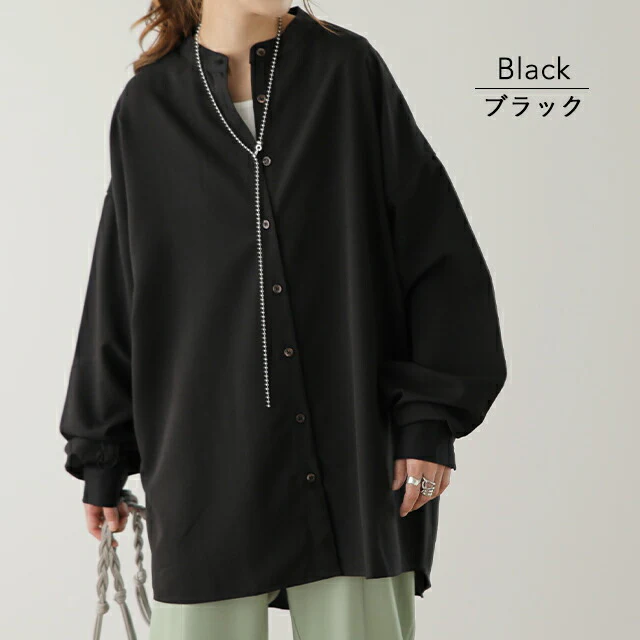 「ゆったり×ぽわん袖」 バンドカラーシャツ トップス シャツ バンドカラー ノーカラー ロング ロングシャツ ブラウス チュニック オーバーサイズ バルーン 長袖 体型カバー 大きいサイズ 黒 グレー ブラウン カーキ 無地 春 夏 HUG.U メール便 - Image 13