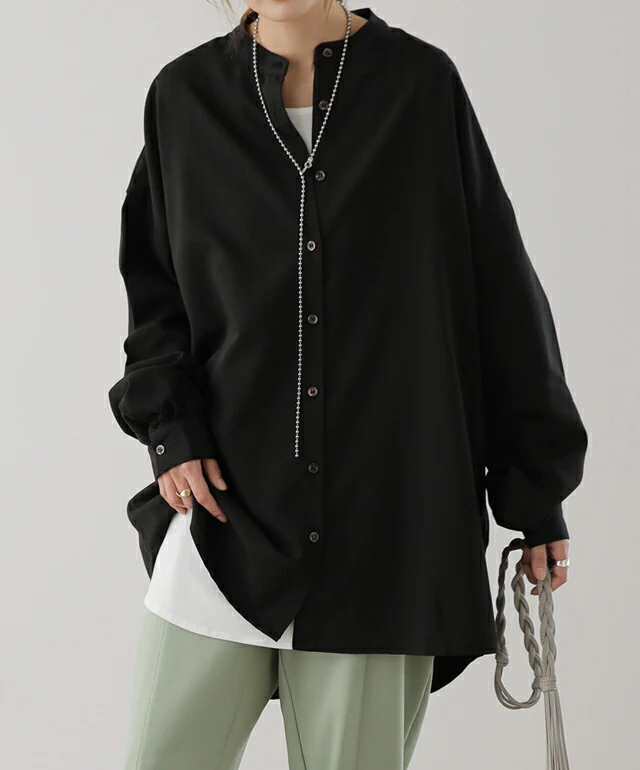 「ゆったり×ぽわん袖」 バンドカラーシャツ トップス シャツ バンドカラー ノーカラー ロング ロングシャツ ブラウス チュニック オーバーサイズ バルーン 長袖 体型カバー 大きいサイズ 黒 グレー ブラウン カーキ 無地 春 夏 HUG.U メール便 - Image 23