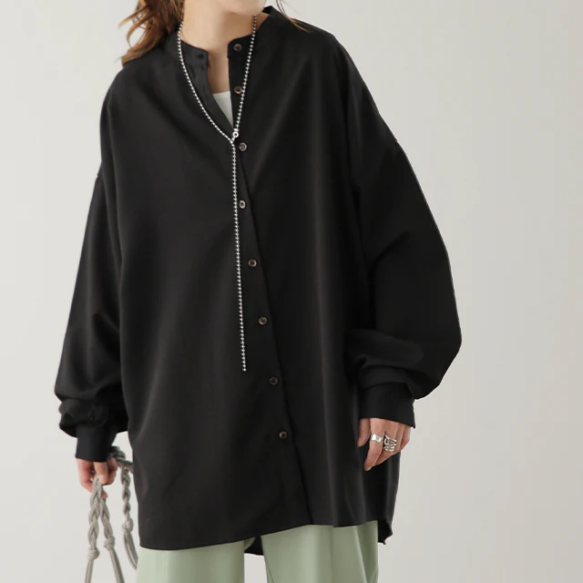 「ゆったり×ぽわん袖」 バンドカラーシャツ トップス シャツ バンドカラー ノーカラー ロング ロングシャツ ブラウス チュニック オーバーサイズ バルーン 長袖 体型カバー 大きいサイズ 黒 グレー ブラウン カーキ 無地 春 夏 HUG.U メール便 - Image 27