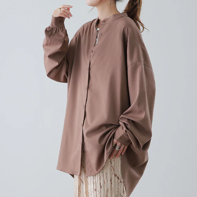 「ゆったり×ぽわん袖」 バンドカラーシャツ トップス シャツ バンドカラー ノーカラー ロング ロングシャツ ブラウス チュニック オーバーサイズ バルーン 長袖 体型カバー 大きいサイズ 黒 グレー ブラウン カーキ 無地 春 夏 HUG.U メール便 - Image 28
