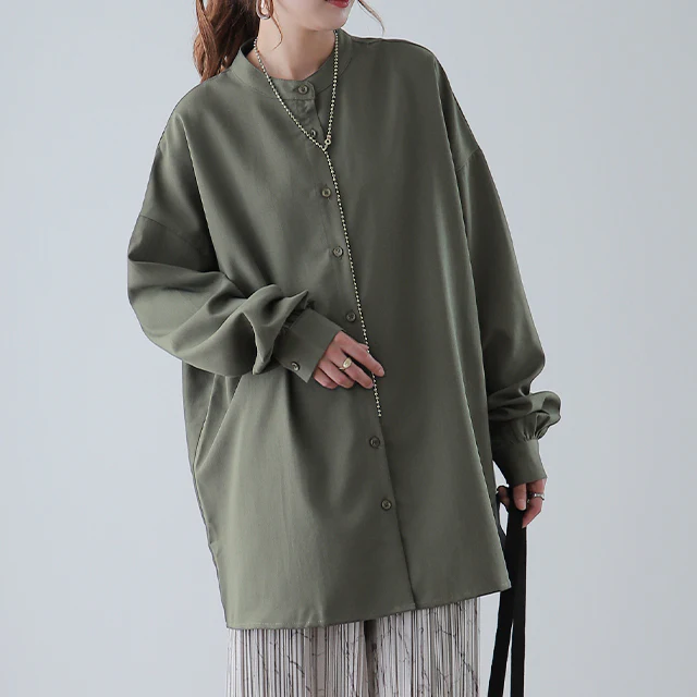 「ゆったり×ぽわん袖」 バンドカラーシャツ トップス シャツ バンドカラー ノーカラー ロング ロングシャツ ブラウス チュニック オーバーサイズ バルーン 長袖 体型カバー 大きいサイズ 黒 グレー ブラウン カーキ 無地 春 夏 HUG.U メール便 - Image 29