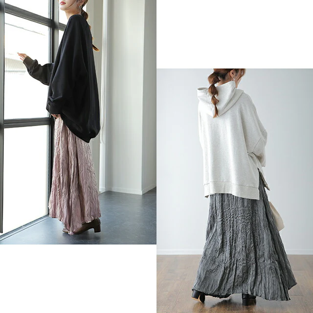 こう見えて「裏起毛」 サテンスカート ワッシャー スカート ロングスカート ロング 長い ゴム サテン プリーツ レディース Aライン アシメ シャイニー 光沢 裏シャギー 暖か HUG.U 夏 春 プリーツスカート ボトムス ピンク ブラック - Image 17