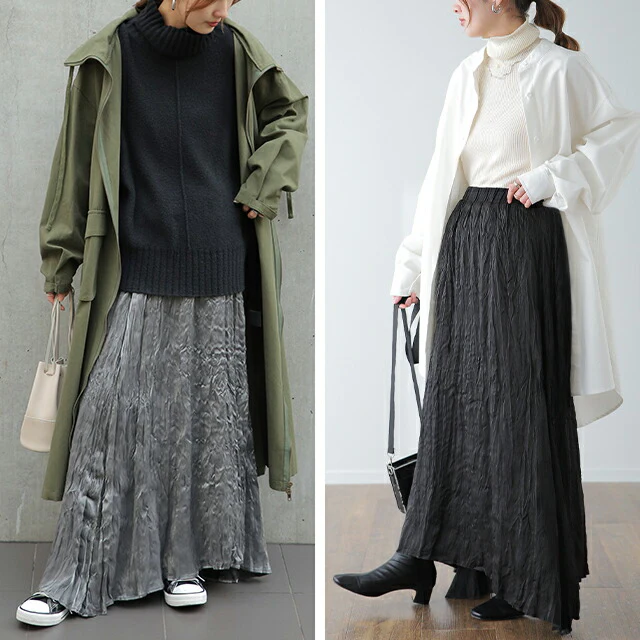 こう見えて「裏起毛」 サテンスカート ワッシャー スカート ロングスカート ロング 長い ゴム サテン プリーツ レディース Aライン アシメ シャイニー 光沢 裏シャギー 暖か HUG.U 夏 春 プリーツスカート ボトムス ピンク ブラック - Image 21