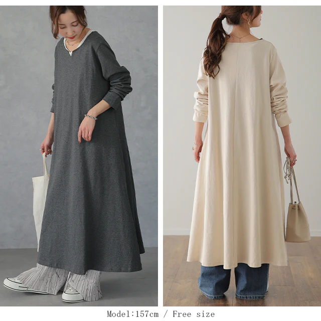 厚手生地 ゆったり キーネック ワンピ ワンピース ロングワンピース レディース ルームウエア ロングワンピ マキシ マキシワンピ Aライン Tシャツワンピース ロング Tシャツ ロンT 長袖 カットソー 体型カバー 大きいサイズ 春 夏 HUG.U - Image 23