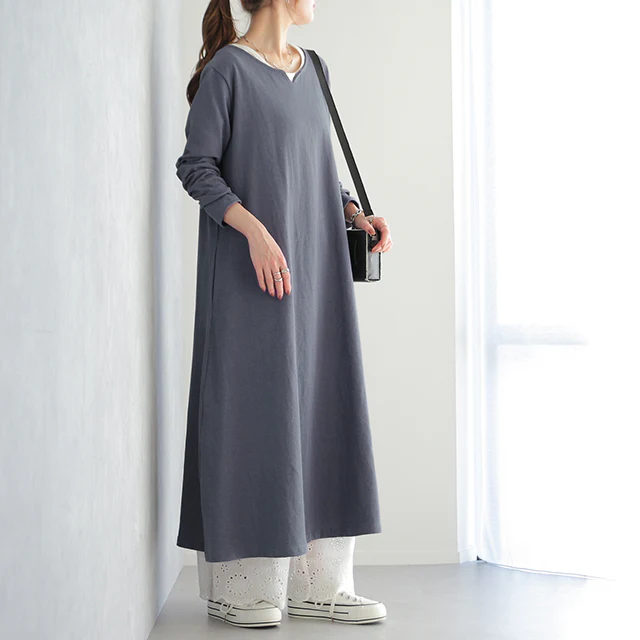 厚手生地 ゆったり キーネック ワンピ ワンピース ロングワンピース レディース ルームウエア ロングワンピ マキシ マキシワンピ Aライン Tシャツワンピース ロング Tシャツ ロンT 長袖 カットソー 体型カバー 大きいサイズ 春 夏 HUG.U - Image 27