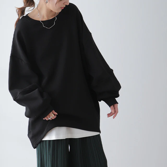 「たっぷりルーズ感」 裏起毛 スウェット トップス プルオーバー レディース スエット トレーナー 裏シャギー 大きいサイズ オーバーサイズ 体型カバー 無地 ビッグシルエット ビッグ ドロップショルダー ルームウェア 黒 春 夏 HUG.U - Image 26
