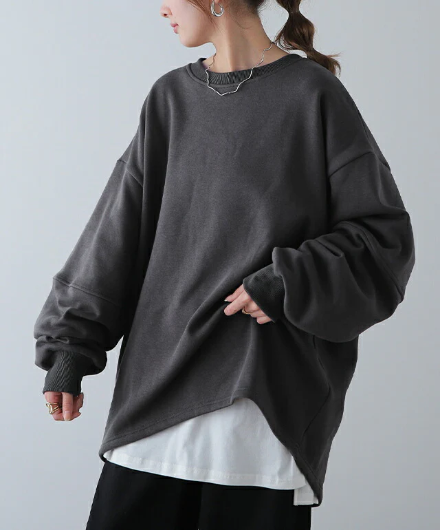 「たっぷりルーズ感」 裏起毛 スウェット トップス プルオーバー レディース スエット トレーナー 裏シャギー 大きいサイズ オーバーサイズ 体型カバー 無地 ビッグシルエット ビッグ ドロップショルダー ルームウェア 黒 春 夏 HUG.U - Image 5