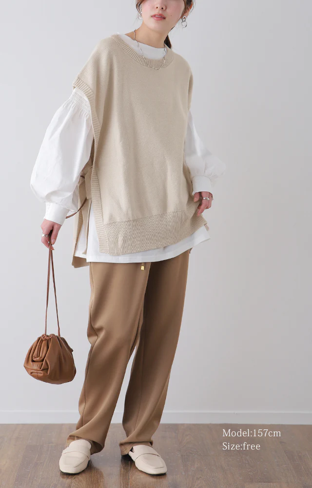 「体型カバー」コーデ上手になれる ニットベスト ニット ベスト レディース レイヤード トップス セーター チュニック ロング スリット リボン サイドリボン 重ね着 Uネック お尻が隠れる 薄手 ジレ 黒 ブラック 大きいサイズ 春 夏 HUG.U - Image 3