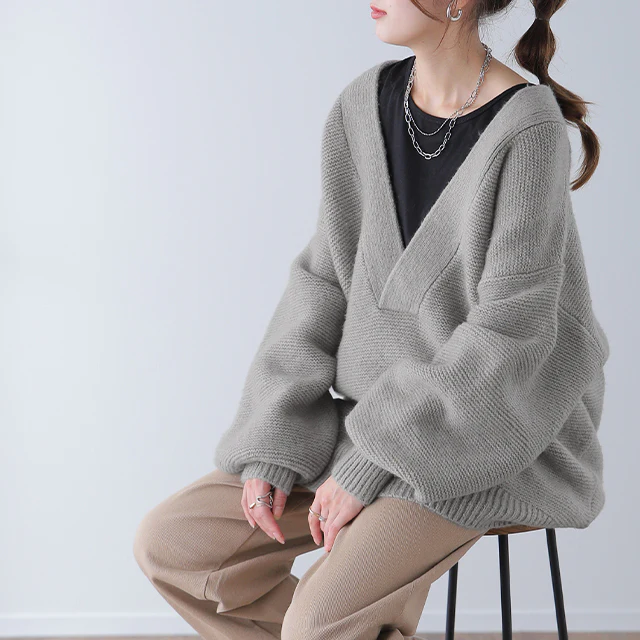 ゆったり着れる 深vネック ニット レイヤード レディース トップス セーター Vネック 無地 きれいめ ドロップショルダー ぽわん袖 バルーン袖 バルーン 長袖 大きいサイズ 体型カバー モヘア キーネック 黒 お尻が隠れる ブラック 春 夏 HUG.U - Image 28