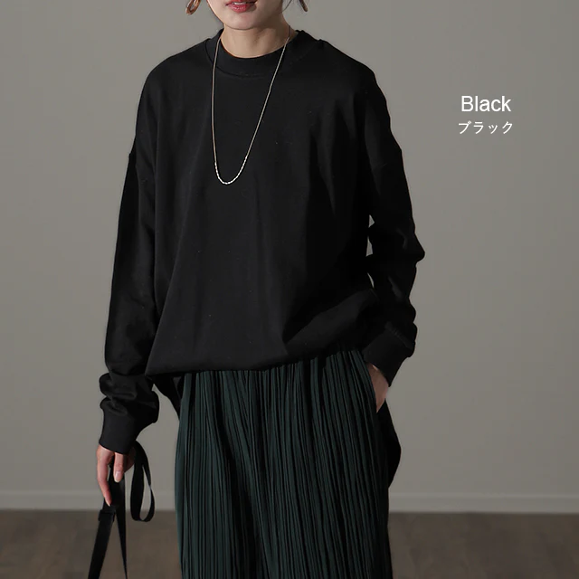 「裾から出す」 長め ロンT モックネック トップス レディース カットソー インナー 長袖 Tシャツ ロング チュニック レイヤード ラウンドカットソー Uネック 無地 クルーネック スリット 体型カバー 大きいサイズ 重ね着 黒 白 春 夏 HUG.U メール便 - Image 13