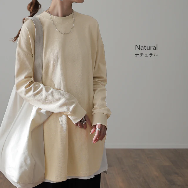 「裾から出す」 長め ロンT モックネック トップス レディース カットソー インナー 長袖 Tシャツ ロング チュニック レイヤード ラウンドカットソー Uネック 無地 クルーネック スリット 体型カバー 大きいサイズ 重ね着 黒 白 春 夏 HUG.U メール便 - Image 15