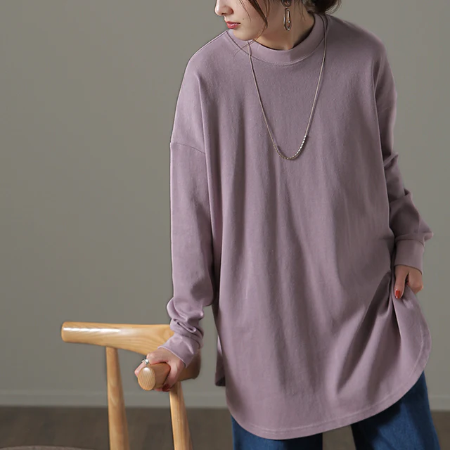 「裾から出す」 長め ロンT モックネック トップス レディース カットソー インナー 長袖 Tシャツ ロング チュニック レイヤード ラウンドカットソー Uネック 無地 クルーネック スリット 体型カバー 大きいサイズ 重ね着 黒 白 春 夏 HUG.U メール便 - Image 27