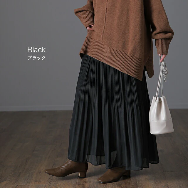 「隠れ」 裏起毛 シフォン スカート ロングスカート ロング レディース ボトムス プリーツスカート プリーツ シフォンスカート マキシ フレア フレアスカート ゴム 黒 Aライン 体型カバー 大きいサイズ きれいめ 無地 緑 春 夏 HUG.U - Image 13